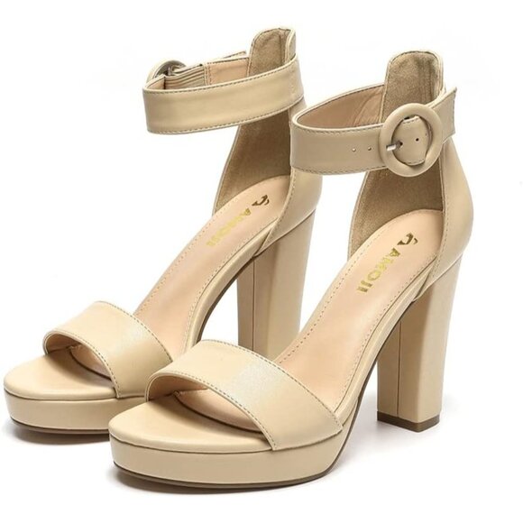 Amoji Women Pu-nude Faux Suede Open Toe High Heel Chunky Platform Sandals - Picture 3 of 8